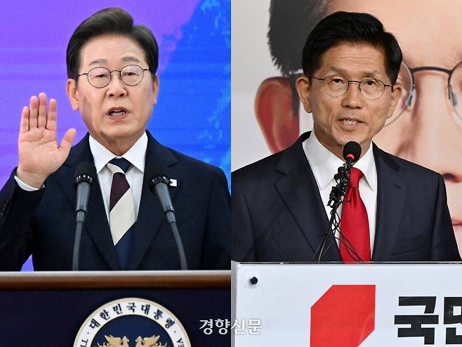 이재명 대통령이 4일 국회 로텐더홀에서 제21대 대통령 취임선서를 하고 있다. 앞서 같은 날 새벽 김문수 국민의힘 대선 후보는 서울 여의도 국민의힘 중앙당사에서 승복 기자회견을 열었다. 박민규 선임기자·성동훈 기자