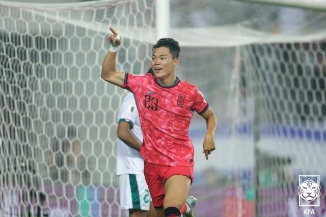 이라크전에서 추가골을 터뜨리며 한국의 승리에 앞장선 오현규. 사진=대한축구협회