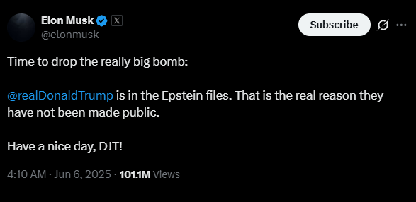 일론 머스크가 5일(현지시간) SNS에 도널드 트럼프 대통령의 엡스타인 파일 의혹을 제기했다. 일론 머스크 X 캡처