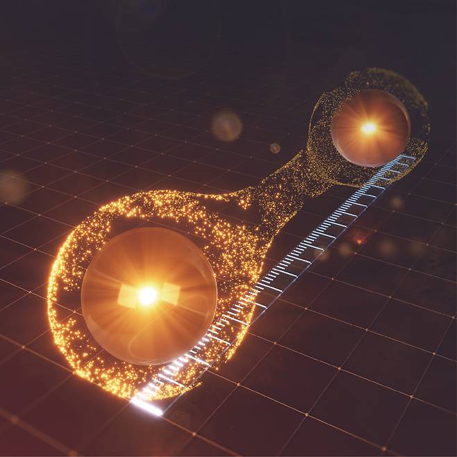 양자거리 측정 개념도. 두 개의 노란 공은 전자를 나타내며, 그 아래 흰색 눈금은 거리를 측정한다는 의미로 ‘자’를 표현한 것이다. 전자 간의 유사성을 의미하는 양자 거리는 실제 거리와 약간 다른 개념이지만 ‘양자거리 측정’을 직관적으로 표현하기 위한 그림이다.[연세대학교 제공]