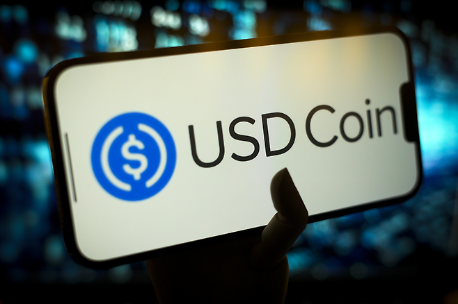 미국 증시에 상장한 서클의 USD코인 로고가 휴대폰 화면에 나타나 있다. [게티이미지]