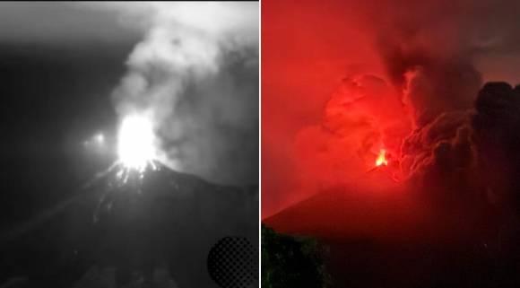 과테말라 푸에고 화산이 분화하기 직전(왼쪽)과 후의 모습. 출처=CONRED
