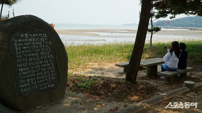 장흥 안양면 여다지 해변의 한승원 문학산책로. 작가의 작품을 담은 시비 20여개와 함께 바다 풍광을 조망하는 벤치 등을 갖추고 있다        장흥｜김재범 기자 oldfield@donga.com