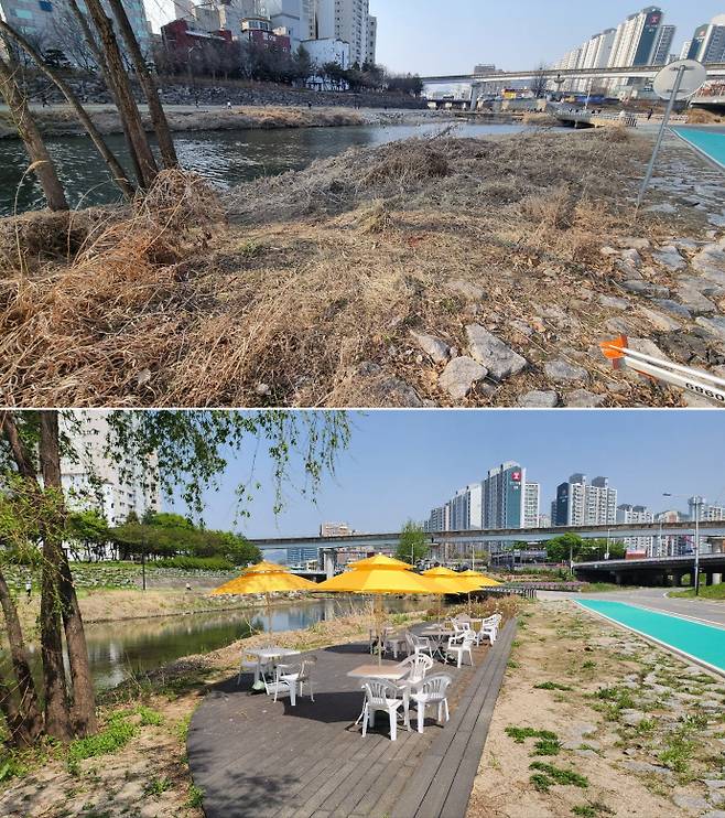 합류부 수변 쉼터 공사 전(위), 후(아래). 사진=의정부시청