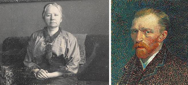 1915년 암스테르담의 자택 거실 소파에 앉아 있는 요. 오른쪽 사진은 1887년 그린 것으로 추정되는 빈센트 반 고흐의 자화상. /아트북스·시카고 미술관