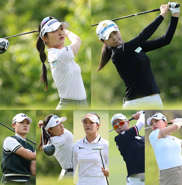 2025년 한국여자프로골프(KLPGA) 투어 셀트리온 퀸즈 마스터즈에 출전한 이예원, 이가영, 서지은, 임희정, 김민별, 정윤지, 허다빈 프로가 1라운드에서 경기하는 모습이다. 사진제공=KLPGA