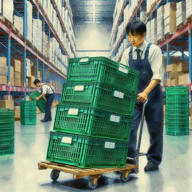 김의경 작가가 생성형 인공지능(AI) ‘빙 이미지 크리에이터’에 “물류창고에서 카트에 바구니 서너개를 가지고 다니면서 주문 제품을 담는 40대 아시아 사원을 유화풍으로 그려줘”라는 지시어를 입력해 생성한 이미지이다.