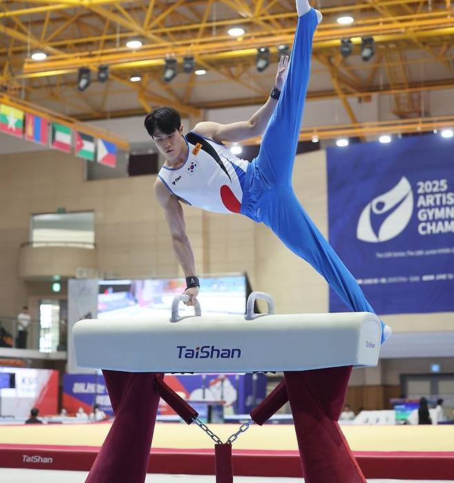 [서울=뉴시스] 남자 기계체조 국가대표 허웅(제천시청)이 5일 충북 제천의 제천체육관에서 열린 2025 기계체조 아시아선수권대회 남자 기계체조 안마 예선 경기를 치르고 있다. (사진=대한체조협회 제공) 2025.06.05. *재판매 및 DB 금지
