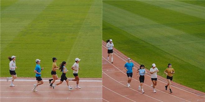 인터벌 훈련 중 낙오되는 신현정 기자