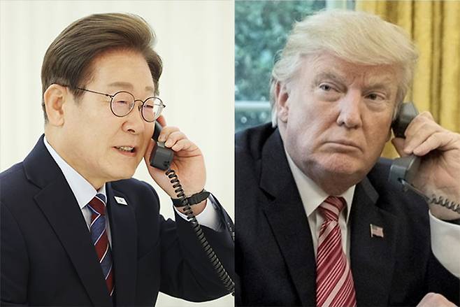 이재명 대통령이 6일 서울 한남동 관저에서 전화 통화를 하는 모습(왼쪽), 오른쪽은 전화를 하고 있는 트럼프 미국 대통령. 연합뉴스·대통령실 제공