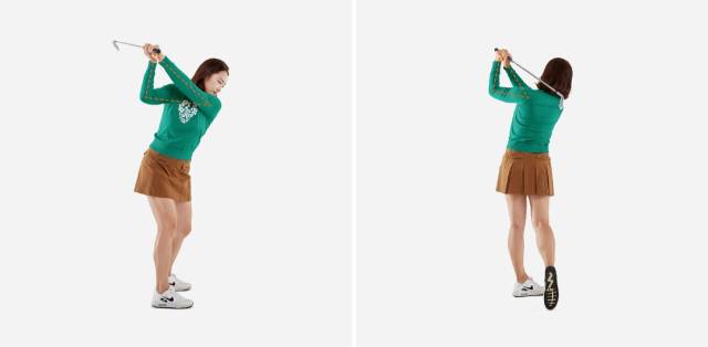 일체감 있게 움직이는 감각을 유지하면서 백스윙 톱과 피니시에서 손과 팔이 이루는 삼각형이 대칭을 이루도록 집중한다.