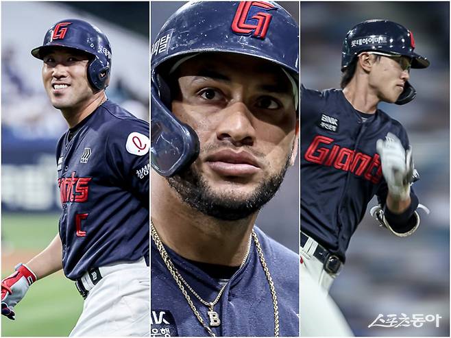 롯데가 최근 주전 야수들의 줄이탈로 전력 유지에 애를 먹고 있다. 남아 있는 전준우, 빅터 레이예스, 전민재(왼쪽부터)의 몫이 더 중요해졌다. 사진제공｜롯데 자이언츠