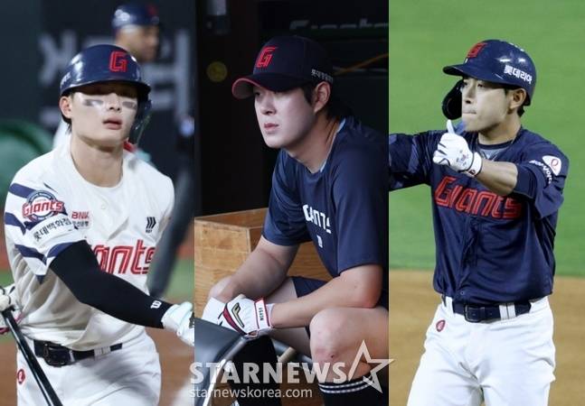 롯데 윤동희와 나승엽, 황성빈(왼쪽부터). /사진=김진경 대기자