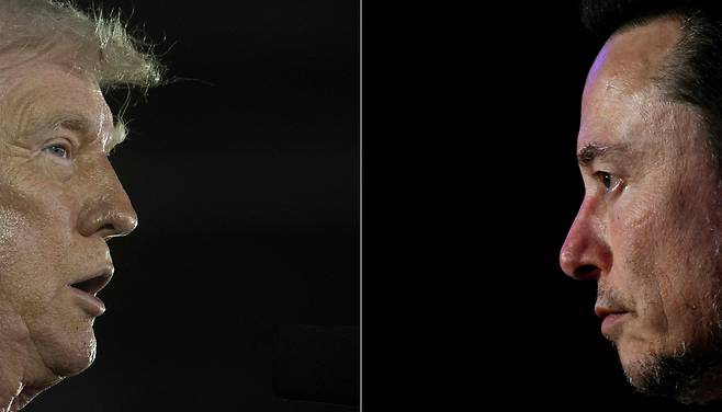 도널드 트럼프 미국 대통령(좌)과 일론 머스크 테슬라 최고경영자(CEO). AFP연합뉴스