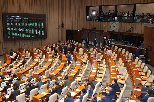지난 5일 국회 본회의에서 ‘검사징계법’ 개정안에 대한 표결이 진행되고 있는 가운데 국민의힘 의원들이 퇴장하고 있다.  연합뉴스
