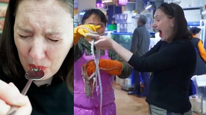 노량진수산시장에서 개불(왼쪽)과 산낙지를 맛보는 CNN 취재진. CNN 캡처