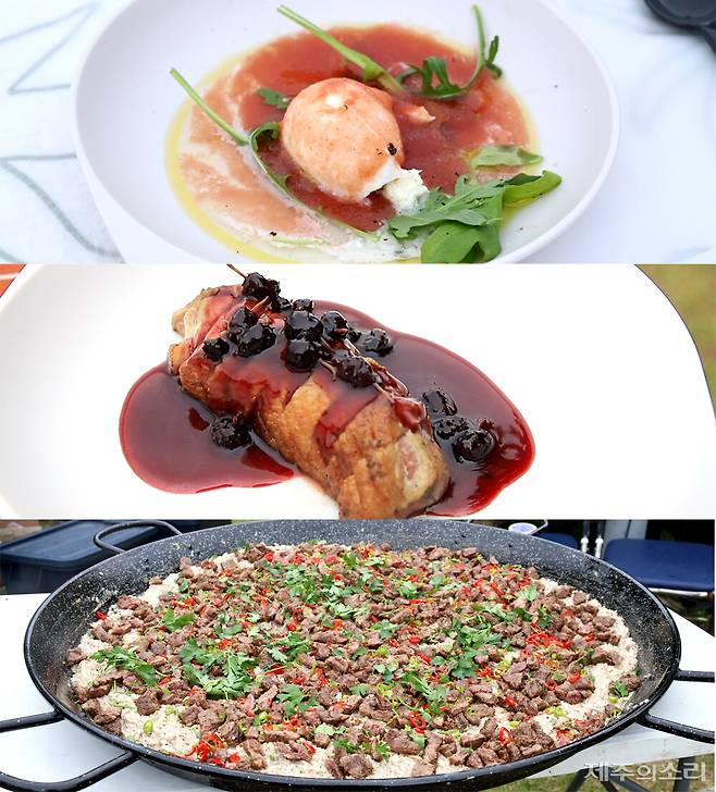 7일 '비양도 오디밥상 다이닝 캠프'에서 오셰득 셰프가 선보인 음식들. ⓒ제주의소리