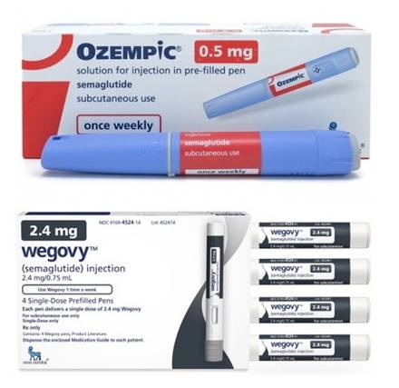 '세마글루티드' 성분을 사용한 당뇨약 오젬픽(위)과 비만약 위고비(아래) 제품. [사진=노보 노디스크]