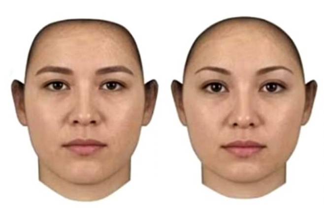 남성적인 특성이 두드러지는 얼굴(왼쪽)과 여성적인 특성이 두드러지는 얼굴. 실험 심리학 저널