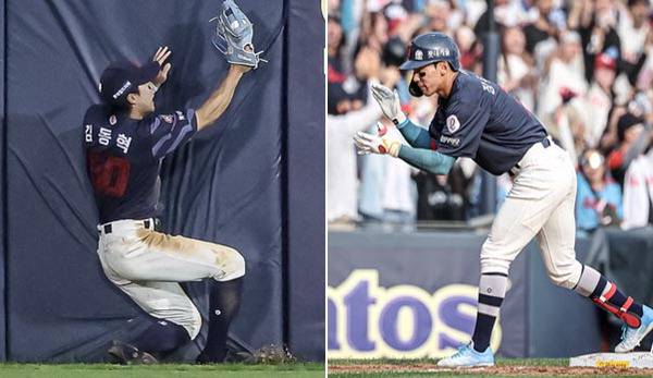 롯데 주전 선수들이 부상과 부진을 겪고 있다. 새로운 주전이 될 선수가 있어 가을야구 희망이 살아있다. 사진은 지난 8일 김동혁(왼쪽)의 호수비 모습과 안타를 치고 출루해 손뼉 치는 장두성.  롯데 자이언츠 제공