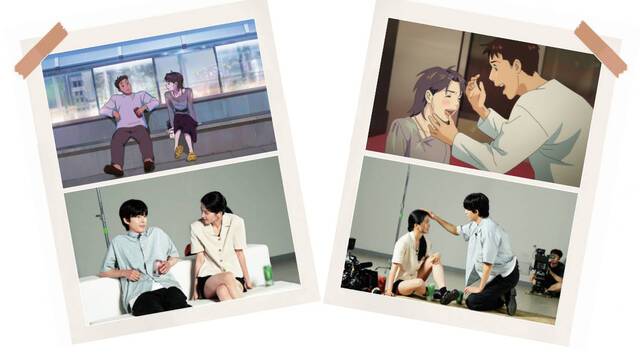 ‘이 별에 필요한’의 주인공 난영과 제이 역을 맡은 배우 김태리와 홍경이 세트장에서 연기하는 모습을 촬영한 사진과 이를 각각 그림으로 옮긴 장면들. 넷플릭스 제공