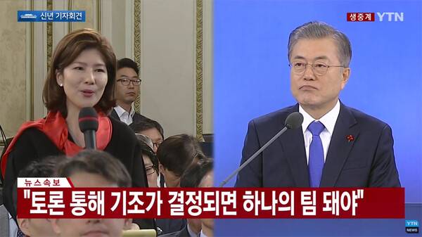 ▲김예령 전 경기방송 기자(국민의힘 전 대변인)가 지난 2019년 1월10일 문재인 대통령 신년 기자회견에서 근거없는 자신감이 어디서 나오는 거냐고 질문하고 있다. 사진=YTN 영상 갈무리