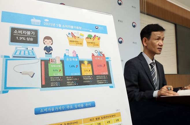 통계청 이두원 경제동향통계심의관이 4일 정부세종청사에서 2025년 5월 소비자물가동향에 관해 설명하고 있다. [사진 = 연합뉴스]