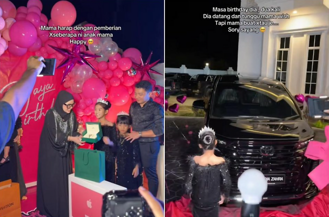 말레이시아 여성 사업가가 11살 딸에게 초호화 생일 파티를 열어주고 도요타 벨파이어 등 고급 선물을 전달하고 있다. [스트레이트타임스 갈무리]