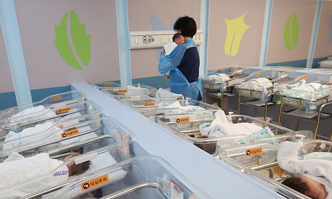 병원 신생아실에서 간호사가 신생아들을 돌보고 있다. 뉴시스