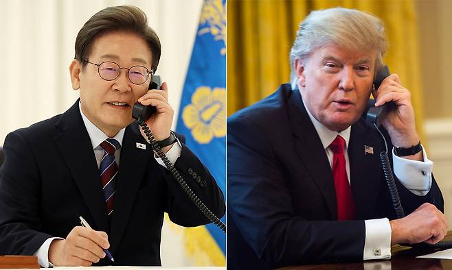 이재명 대통령이 지난 6일 서울 용산구 한남동 관저에서 도널드 트럼프 미국 대통령과 전화&nbsp;통화를 하고 있다. 양 정상은 관세 협의와 양국 관계 등에 대해 논의했다. 오른쪽은 트럼프 대통령이 과거 해외 정상과 전화&nbsp;통화를 하고 있는 모습. 대통령실 사진기자단·세계일보 자료사진