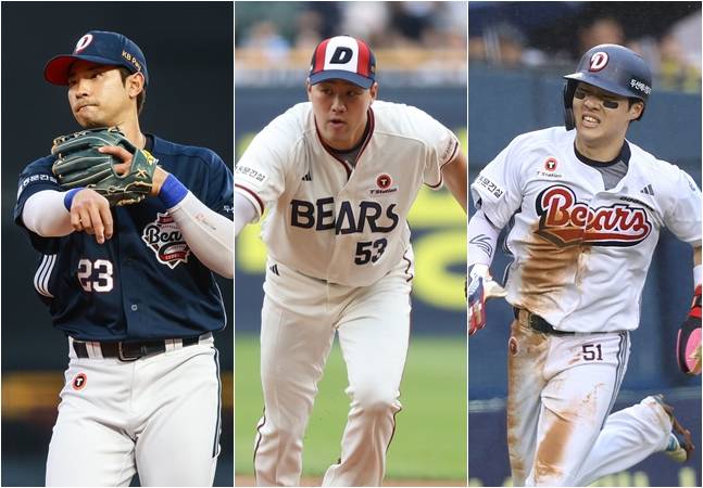 강승호(왼쪽부터), 양석환, 조수행. /사진=두산 베어스