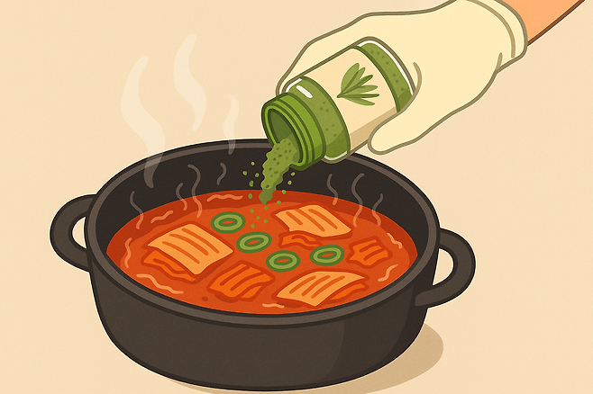 김치찌게에 새싹보리 가루를 넣고 있는 모습