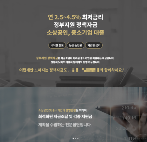허위 광고에 첨부된 링크에 접속하면 연결되는 민간 업체의 홈페이지. 소상공인과 중소기업이 정부 지원 정책자금을 받을 수 있도록 컨설팅을 제공한다고 소개하고 있다. /업체 홈페이지 갈무리