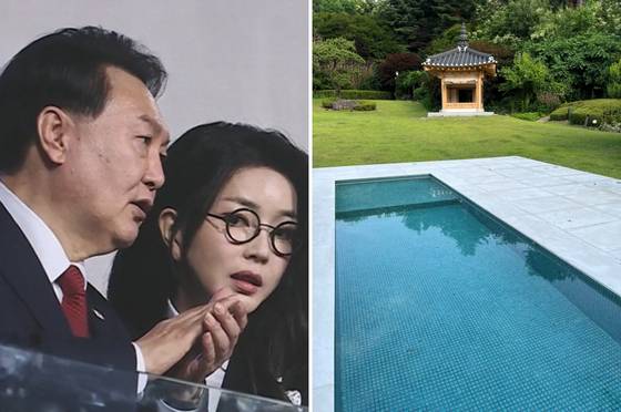 윤 전 대통령과 부인 김건희 여사. 오른쪽은 박홍근 더불어민주당 의원이 페이스북에 올린 개 수영장 의혹이 불거진 대통령 관저 시설물. 〈사진=JTBC 보도화면 캡처, 박홍근 민주당 의원 페이스북 캡처〉