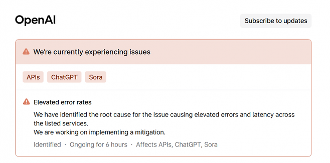 오픈AI는 10일 서비스 상태 페이지를 통해 "문제의 근본 원인을 파악했으며 해결을 위한 완화 조치를 구현하고 있다"고 밝혔다. 사진=오픈AI 페이지 캡처