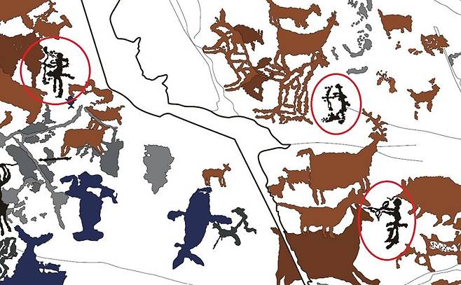 우리나라 활쏘기는 고구려 무용총의 ‘수렵도’, 삼국지의 ‘위지동의전’을 비롯한 고대 문헌에 등장하고 있다. 울산 반구천의 암각화에는 새겨진 이보다 앞서 선사시대에 새겨진 활쏘기 바위그림이 존재한다. 이를 두고 학계에서는 우리나라 스포츠 문화의 최초 기록으로 평가하고 있다. 사진은 대곡리 반구대 암각화 활쏘기 그림 3점(빨간색 원 안) 울산시 제공