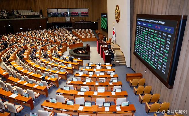 (서울=뉴스1) 안은나 기자 = 5일 오후 서울 여의도 국회 본회의에서 김재섭, 한지아, 안철수, 김예지, 배현진 국민의힘 의원이 채해병 특검법(순직 해병 수사 방해 및 사건 은폐 등의 진상규명을 위한 특별검사의 임명 등에 관한 법률안) 찬성 표결을 하고 있다. 이 법안은 재적 296인, 재석 198인, 찬성 194인, 반대 3인, 기권 1인으로 통과됐다. 2025.6.5/뉴스1  Copyright (C) 뉴스1. All rights reserved. 무단 전재 및 재배포,  AI학습 이용 금지. /사진=(서울=뉴스1) 안은나 기자
