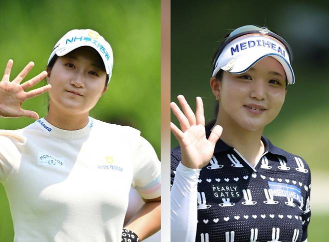 2025시즌 KLPGA 투어 신인왕 레이스에서 1,2위에 올라있는 김시현(왼쪽)과 정지효. 둘은 똑같이 데뷔 첫 승과 신인왕을 올 시즌 목표로 내세우고 있다. 사진제공 | KLPGA
