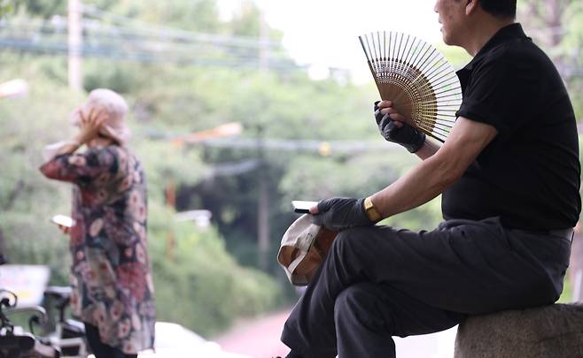 더위에 연신 부채질 (대구=연합뉴스) 박세진 기자 = 10일 대구 낮 기온이 33도를 웃돈 가운데 달서구 성당못 나무 그늘에서 한 시민이 부채질을 하며 더위를 식히고 있다. 2025.6.10 psjpsj@yna.co.kr