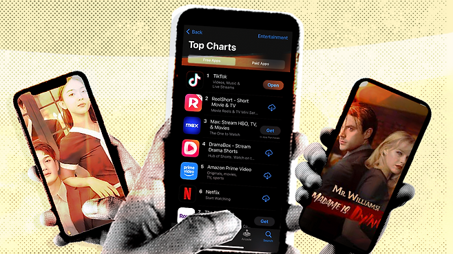 마이크로 드라마를 시청하고 있는 스마트폰 화면과 다운로드 순위별 앱