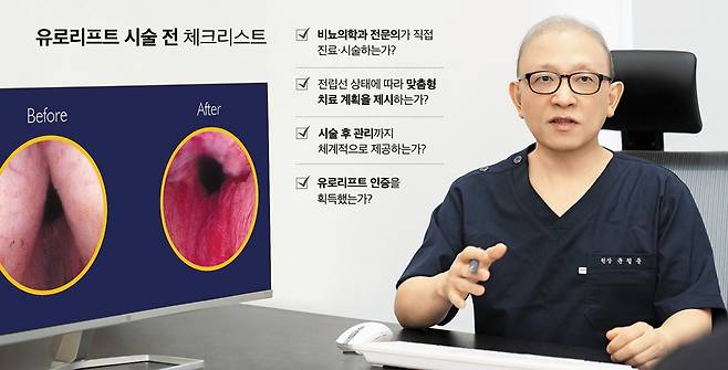 칸비뇨의학과의원 윤철용 대표원장이 전립선비대증에 대해 설명하고 있다. 윤 대표원장은 “의료기관을 선택할 때 비뇨의학과 전문의가 직접 시술하는 곳인지, 유로리프트 인증을 획득한 곳인지 확인해야 한다”고 말했다. /사진=김지아 헬스조선 객원기자/그래픽=김민선