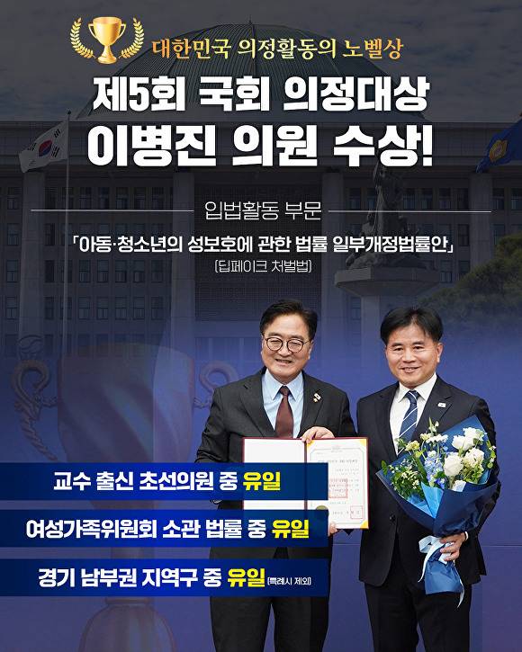 오늘 이병진 의원이 우원식 의장에서 제5회 국회 의정대상을 수상하고 기념 촬영을 하고 있다. [사진=이병진 의원실]