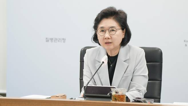 지영미 질병관리청장이 10일 ‘호흡기 감염병 관계부처 합동대책반’ 회의에서 발언하고 있다. 질병관리청 제공