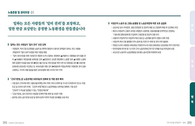 이재명 대통령의 대선 공약집에 담긴 ‘노동존중 및 권리보장’ 항목. 근로기준법상 보호대상 확대와 비정규직 처우 개선 등이 주요 내용으로 포함돼 있다.