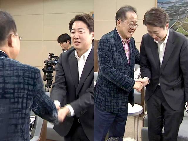 미국으로 출국하는 홍준표 전 대구시장이 10일 인천국제공항 귀빈실에 배웅 나온 개혁신당 이준석 대선 후보를 만나고 있다. 연합뉴스TV 캡처