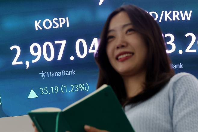 코스피가 2900대에 안착한 11일 서울 중구 하나은행 딜링룸 현황판에 코스피 종가가 표시돼있다. [연합]