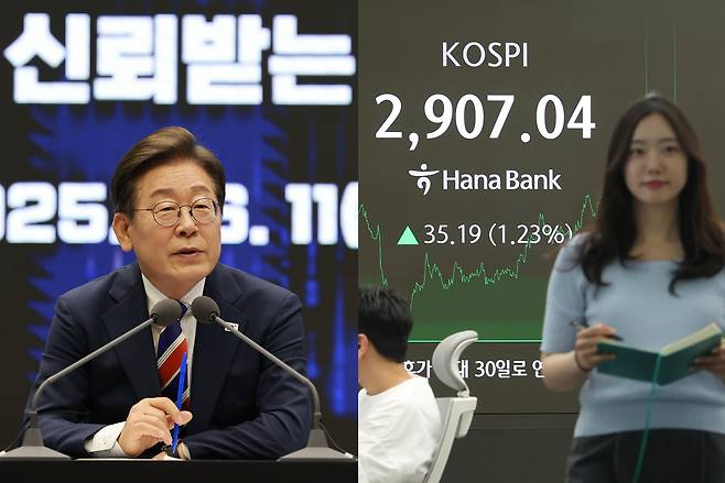 ·이재명(왼쪽) 대통령이 11일 서울 영등포구 한국거래소에서 열린 주식시장 불공정거래 근절을 위한 현장 간담회에서 참석자 질문에 답하고 있다. 코스피가 2900대에 안착한 11일 서울 중구 하나은행 딜링룸 현황판에 코스피 종가가 표시돼있다. [대통령실통신사진기자단·연합]