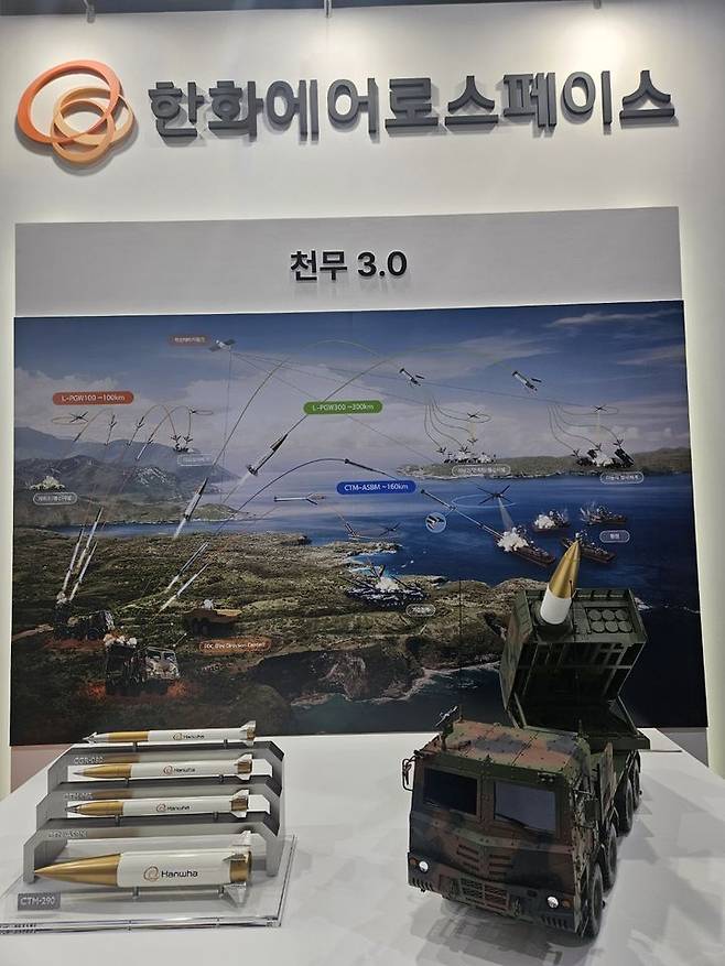[서귀포=뉴시스] 옥승욱 기자 = '2025년 한국군사과학기술학회 종합학술대회'가 진행되고 있는 제주국제컨벤션센터 내 한화에어로스페이스 부스에 걸린 천무 3.0 개념도. 2025.06.11. okdol99@newsis.com  *재판매 및 DB 금지