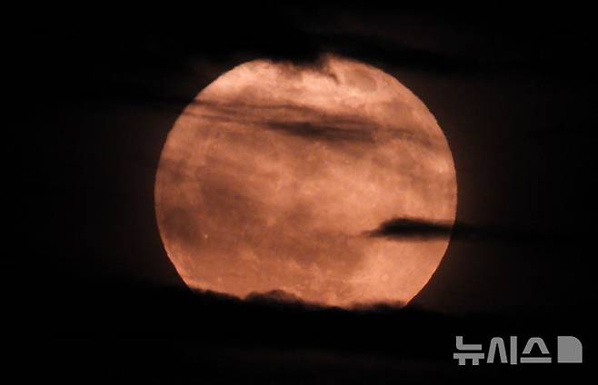 [제주=뉴시스] 우장호 기자 = 11일 오후 제주시 동쪽 하늘 위로 6월의 보름달인 스트로베리 문(Strawberry Moon)이 떠오르고 있다.스트로베리 문은 북미 원주민들이 딸기를 수확하는 시기인 6월에 뜨는 달을 의미한다. 달의 색깔이나 모양이 딸기와 직접적인 관계는 없지만 6월에 맺는 열매의 성숙을 상징한다. 올해 스트로베리 문은 18년 만에 가장 낮은 고도에서 떠오르는 보름달이기도 하다. 2025.06.11. woo1223@newsis.com