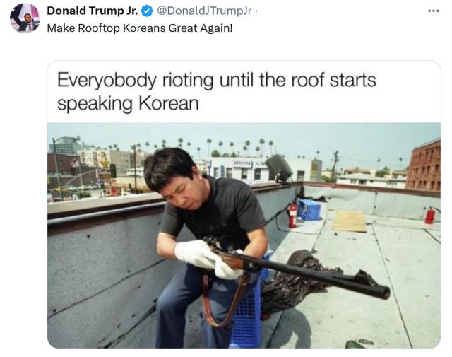도널드 트럼프 주니어가 9일 자신의 소셜미디어에 “루프톱 코리안을 다시 위대하게!(Make Rooftop Koreans Great Again!)”라는 글과 함께 사진 한 장을 올렸다. 트루스소셜 캡처